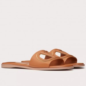 Valentino VLogo Cut-out Slide Sandals in Brown Leather
