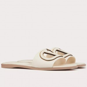 Valentino VLogo Cut-out Slide Sandals in White Leather