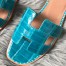 Hermes Oran Slide Sandals In Blue Paon Shiny Niloticus Crocodile Skin