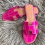 Hermes Oran Slide Sandals In Rose Red Shiny Niloticus Crocodile Skin