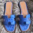 Hermes Oran Slide Sandals In Blue Hydra Ostrich Leather