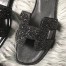 Hermes Oran Slide Sandals In Black Suede With Black Crystal