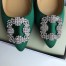 Manolo Blahnik Hangisi Flats In Green Satin with Crystal Buckle