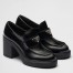 Prada Chocolate High-heeled Loafers In Black Brushed Leather 